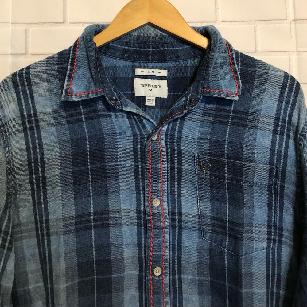 True Religion Men's Blue Slim Flannel Western Button Front Long Sleeve Shirt 2XL - Picture 3 of 12